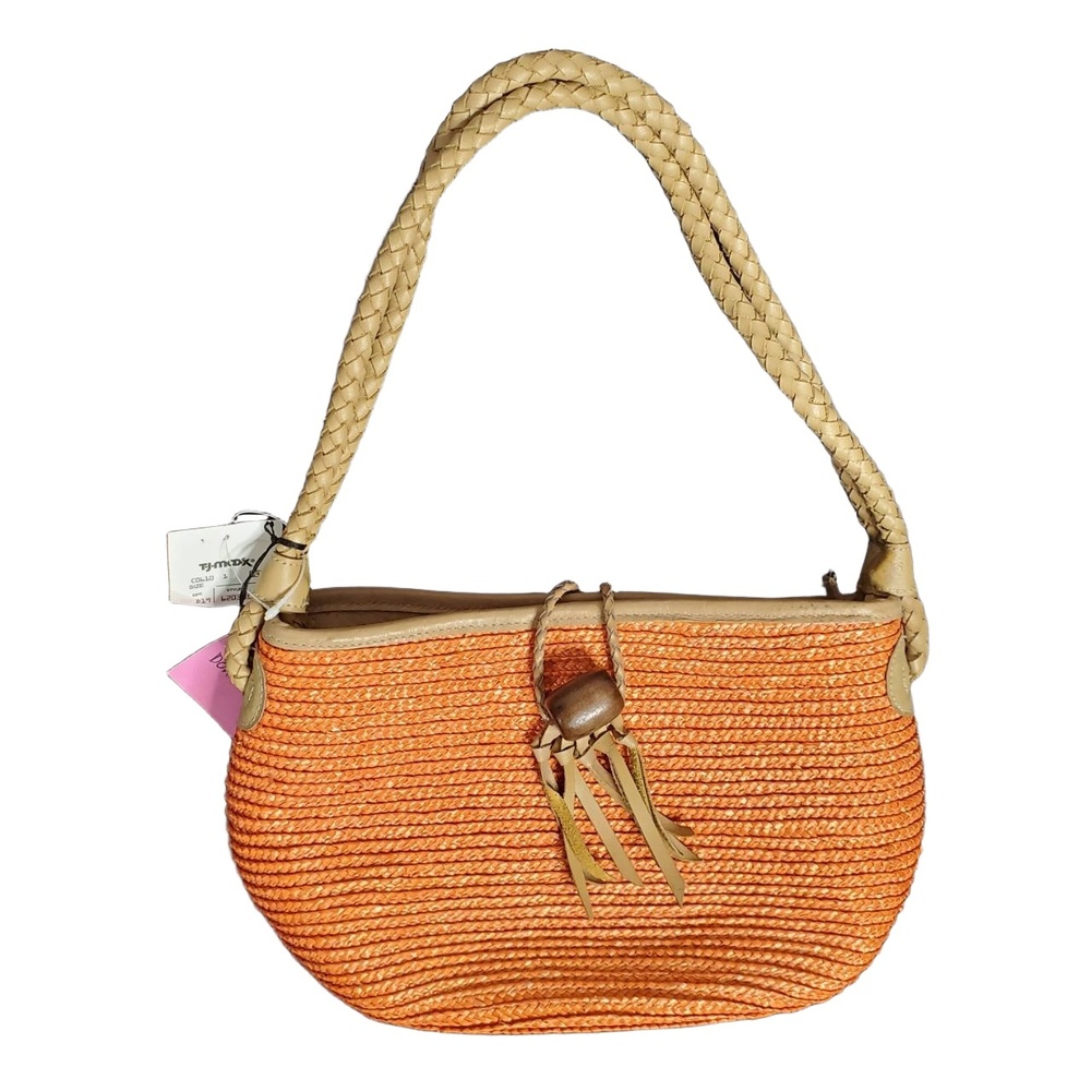 Vintage Donna Dixon Satchel Shoulder Bag Orange Woven Straw Braided Leather